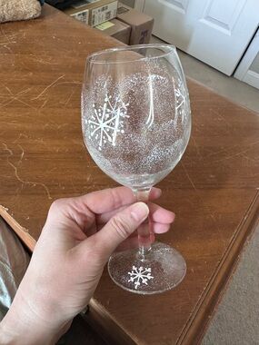 Clear Wine Glass with White Snowflake Design